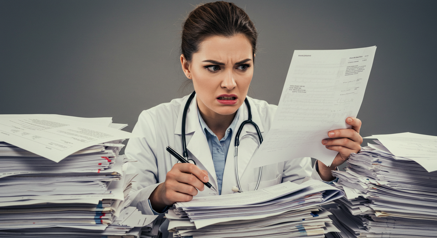 Doctor surrounded by case notes